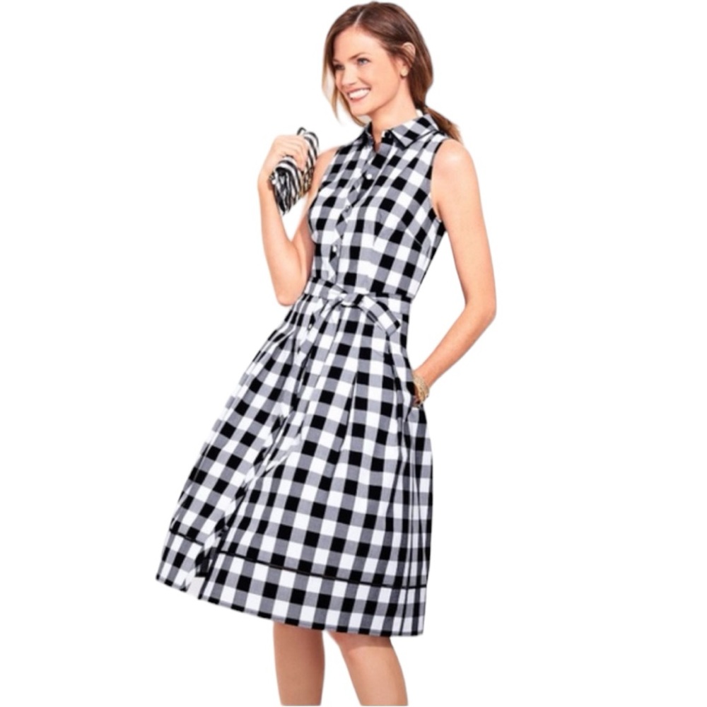 Talbot's Black & White Sleeveless Pockets Plaid Button Down Shirt Dress